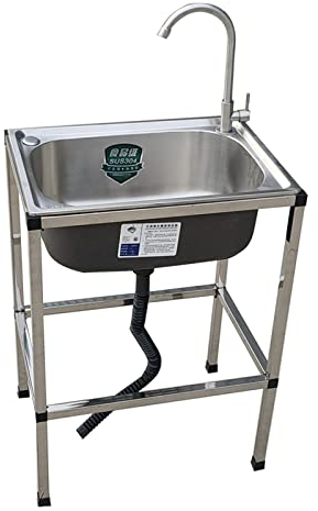 Evier utilitaire acier inox pour l'extérieur, bassin plonge cuisine sur pied avec robinet, station lavage main commerciale seul bol avec kit d'évier égouttoir, pour buanderie/le jardin/garage (Size