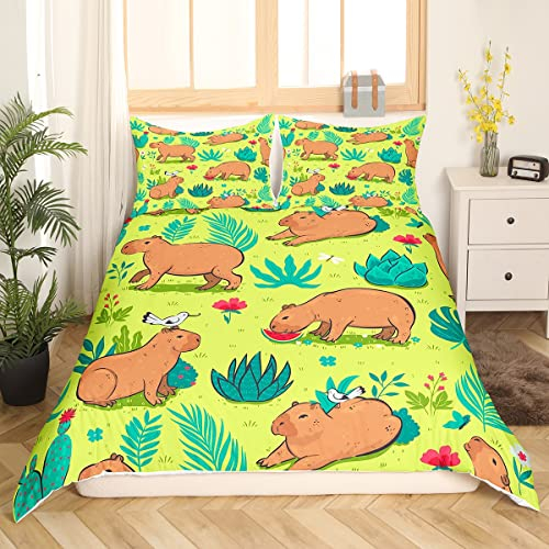 Homewish Nette Capybaras Bettwäsche 135x200,Cartoon Stil Bettbezug für Kinder Jungen,Lustige Capybaras Vögel Bettwäsche Set Kawaii Zimmer Dekor für Teens Mädchen,Schöne Nagetiere Tiere Bett Set