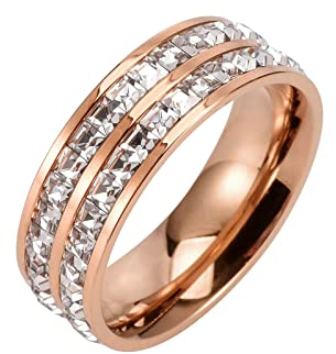 KnBoB Ringe Jahrestag, Edelstahl Ring Damen Herren Rosegold Breit Ewigkeit mit Weiß Zirkonia Trauringe Ringe Größe 65 (20.7)