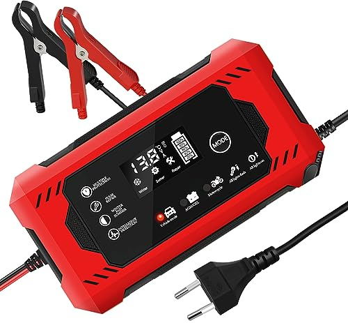 Chargeur de Batterie Voiture, TIPOW-Tech Chargeur Batterie Moto Intelligent 12V 10A avec écran LCD et Fonction de Maintenance, Multi-Protection, pour Voitures, Motos, Camions/AGM/Gel/Wet/SLA