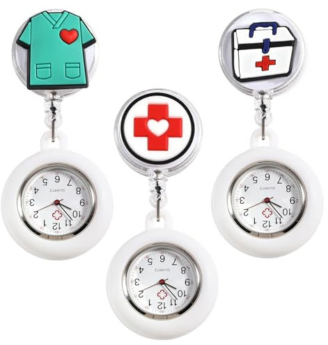 Begonia 3 Stück Krankenschwester Uhr,Tragbar Quarzuhr Krankenschwesteruhr Mit Clip,Dehnbare Silikon Hülle,mit Leuchtend für Damen Pflegeuhr Taschenuhr für Doktor Pfleger Krankenschwester