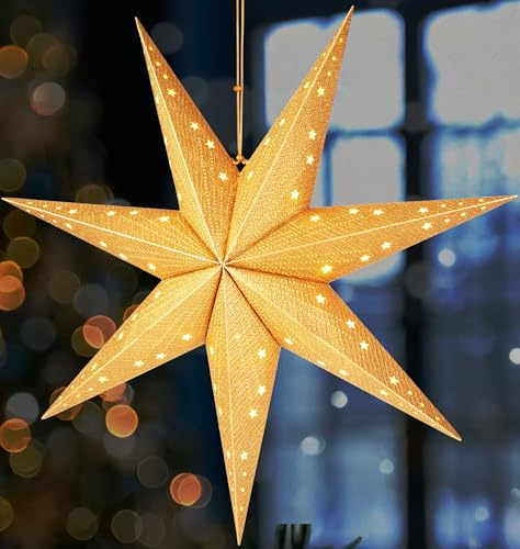 BRUBAKER Weihnachtsstern zum Aufhängen mit E14 Fassung - 60 cm Papierstern | 3D Adventsstern Set mit 3,5 m Kabel - Fenster Deko Leuchtstern Hängend - Gold