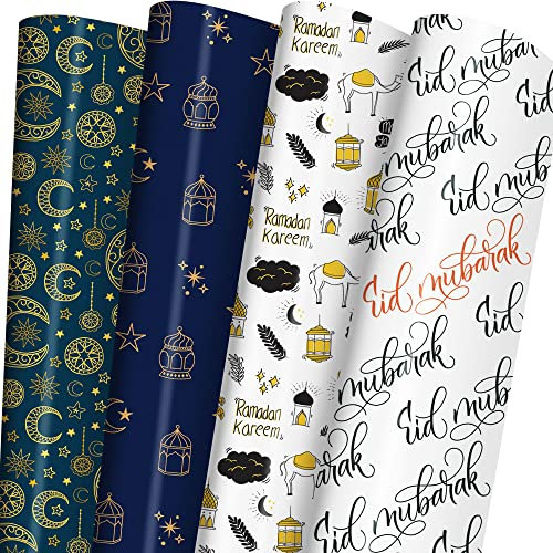 WAPLIGHAL Eid Geschenkpapier für Männer Frauen Kinder – Halbmond, Sterne, Laterne, Ramadan Kareem und Eid Mubarak Buchstaben-Designs – islamisches Geschenkpapier für Eid al-Fitr, Geburtstag