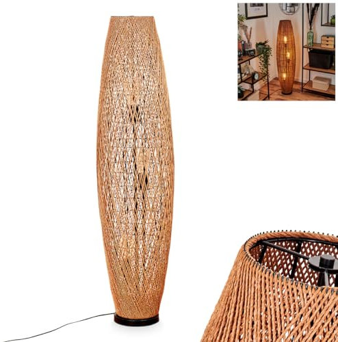 Stehleuchte Mulstrand, moderne Stehlampe aus Metall/Rattan in Schwarz/Natur, Leuchte im Boho-Design mit Schirm in Gitter-Optik, An-/Ausschalter am Kabel und Lichteffekt, 3 x E27, ohne Leuchtmittel