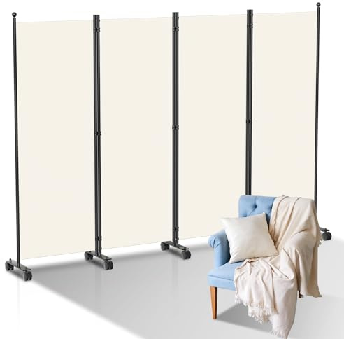 Vkechh Paravent Raumteiler auf Rollen, 228x181x30cm Trennwand Faltbar 4-teilig,Sichtschutzwand,Spanische Wand Sichtschutz aus Polyesterfaser,Paravent Einfache Installation（Beige）