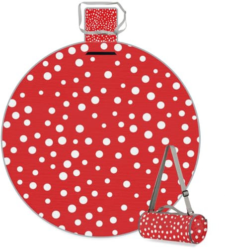 cfpolar Runde Picknickdecke, wasserdicht, weiße Punkte, roter Hintergrund, Campingdecke mit tragbarem Griff und Schultergurt, faltbare Decken, Picknickmatte, Camping, Gras, Rasen, Parkzubehör