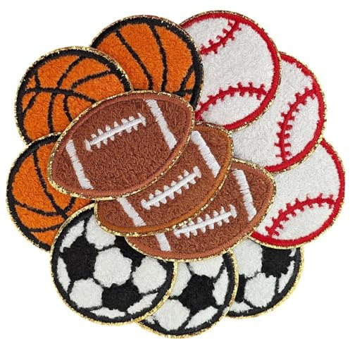 TXSN Balls Iron on Patches, Chenille Balls Glitter Patches Sports Themed Applique Patches for Clothing, Pack of 12