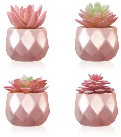 Tiita Confezione da 4 piante grasse artificiali in vaso, mini piante finte color oro rosa per scrivania da donna, piccole piante grasse realistiche per casa e ufficio, accessori per davanzale, bagno,