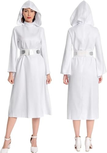 Taeyue Prinzessin Leia Cosplay Kostüm Leia Kleid Damen Kapuze Kleider Gürtel Outfit Halloween Anzug für Erwachsene, M