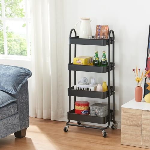 [en.casa] Carro de Servicio con 4 Cestas Estantería de Baño con 4 Ruedas Carrito de Cocina Multiusos Versátil Resistente Acero 104 x 46 x 35 cm - Negro Mate
