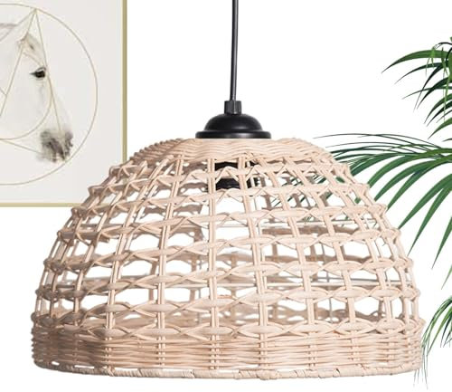 Abat-jour Suspendu en Rotin, Abat-jour Lampe Suspendue, Abat-jour Tissé à la Main, Carcasse Abat-jour Élégant pour Lustre d'Extérieur en Rotin Tissé, Cache Ampoule pour Îlot de Cuisine