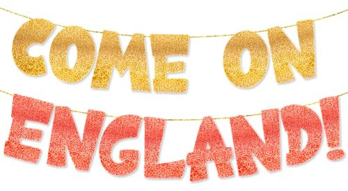 COME ON ENGLAND Banner, Sports Flag Decorations, Sports Merchandise, 8 feet Glitter Gold & Red Banner, Football Flags for Bar, Garden, Office and School, Pre-strung - No DIY Needed