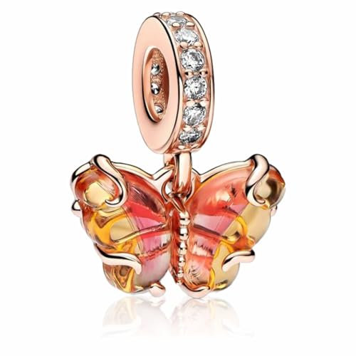 MSPOVOF Pink/Gelb Schmetterling Dangle Charms 925 Sterling Silber 5A Zirkonia Anhänger für Armband Halsketten Schmuck Geschenk für Damen Frauen