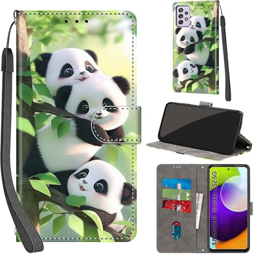 Handyhülle für Samsung Galaxy A52 4G/5G Klapphülle Leder Wallet Pandas | 3 Kartenfächer & 1 Geldfach, Magnetverschluss, Ständerfunktion, robuste premium PU leder klapphülle für Samsung A52