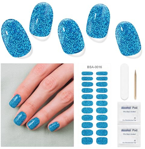 DUKASOU Semi-Cured Gel Nail Strips, 22 Pieces Real Nail Polish Stickers, Gel Nail Stickers, Decals, Long-Lasting Nail Polish Strips for Women and Girls(Sparkle Blue)