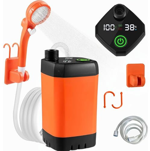 Ducha portátil camping, Ducha camper para exteriores con batería recargable, Ducha portátil con pantalla digital, indicador de temperatura y potencia, Batería recargable, Lavado de coches y mascotas
