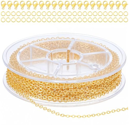 COMNICO 10 m Edelstahl Schmuckkette 1.5 mm Gliederkette Halsketten mit 20 Karabinerverschluss und 50 Sprung Ringe Basteln Zubehör für Schmuckherstellung (Gold)