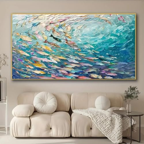 Große abstrakte Fisch-Leinwandkunst im Art-Deco-Stil, 3D-Textur, Marine-Poster, Malerei, Kunst, Schlafzimmer, Esszimmerbilder, 50 x 100 cm, rahmenlos
