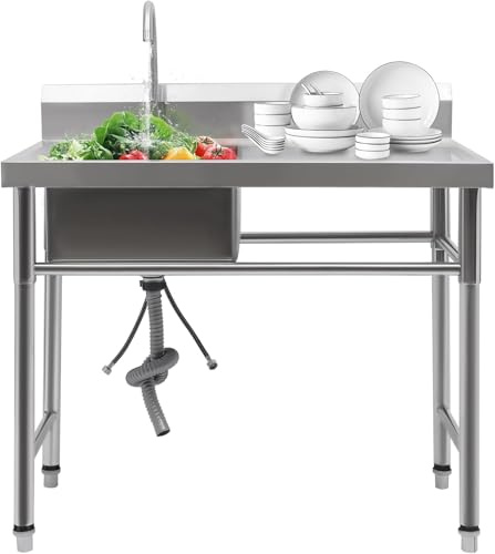 Edelstahl Spültisch, Spülbecken mit Waschbecken, 100 x 60 x 93 cm Küchenspüle mit Wasserhahn, Gewerbliche Gastrospüle mit Wasserhahn für Außen Innen Garten Werkstatt Bauernhaus (Linke Spüle)