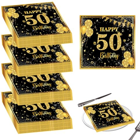 40 Stück Servietten 50. Geburtstag,33 x 33cm Schwarz Gold Papier Deko Servietten,3-Lagig Papiertücher Happy Birthday Tischdeko,Junge Mädchen 50th Birthday Party Dekorative Serviette (50. Geburtstag)