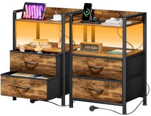 YOUDENOVA Nachttisch 2er Set mit LED-Beleuchtung, Nachtschrank mit Ladefunktion, Beistelltisch mit 2 Schubladen und 2 Offene Regale, Couchtisch fürs Wohnzimmer, Schlafzimmer, Vintage Braun