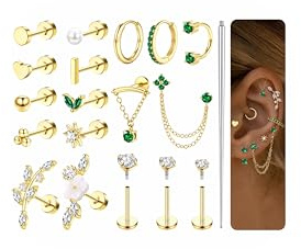 MILACOLATO 18 Stück Helix Piercings Chirurgenstahl Ohrringe Piercing Ohr Gold Flatback Ohrstecker Hypoallergen Ohrringe Set Knorpel Rook Conch Tragus Piercing Set Geschenk Damen-Grün CZ