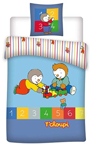 T'choupi Parure de lit Réversible 100% Coton - Housse de Couette 140x200 cm + Taie 65x65 cm Tchoupi