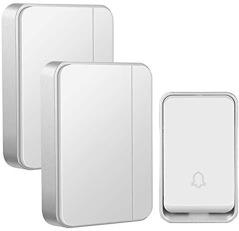 『No Battery Required』AURTEC Wireless Doorbell,Waterproof Door Chime Kit with 1 Press Self-Powered Transmitter & 2 Plug-in Receiver,51 Chimes,4 Volume Levels,No Battery Required,White