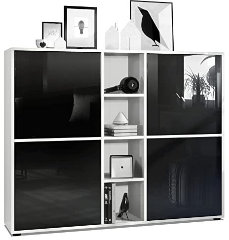 Vladon Highboard Cuba V3, Made in Germany, Weiß matt/Schwarz Hochglanz - Moderne Anrichte mit 12 Fächern (130,5 x 105,5 x 35,5 cm)