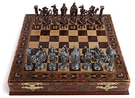 Royal Medieval British Army Antique Copper Metal Chess Set for Adults,Handmade Pieces and Natural Solid Wooden Chess Board with Storage Inside King 3.35inc
