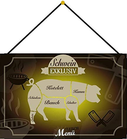 Blechschild 20x30cm gewölbt mit Kordel Teilstücke vom Schwein Schinken Kotelett Metzger Fleischer Deko Geschenk Schild