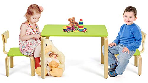 GOPLUS Kindersitzgruppe aus Holz mit 1 Kindertisch und 2 Stühle, Kindermöbel mit Abgerundeten Ecken und Kanten, Kinder Tisch und Stühle für Zuhause, Klassenzimmer, Kindergarten (Grün)