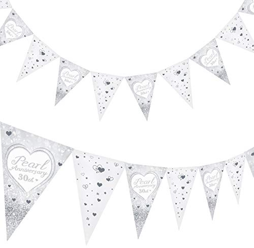 2 Pieces 30th Wedding Anniversary Banner Pearl Wedding Anniversary Decorations Pearl Bunting Flags Heart Themed Silver White Hanging Pennant Banner for Party Decor