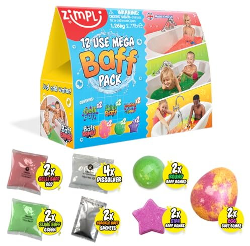 ZIMPLI - 12 Use Mega Value Baff Pack, 6 x Baff Bombz, 2 x Gelli Baff, 2 x Slime Baff & 2 x Crackle Baff, Children's Sensory Bath Toy Set, Birthday Present for Kids