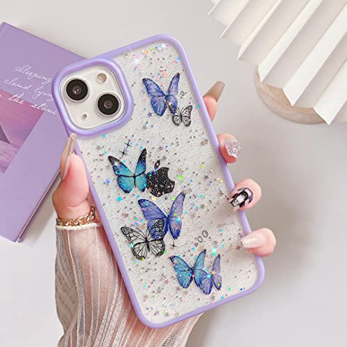 ZTOFERA TPU Back Case for iPhone 13, Transparent Clear Liquid Silicone Case with Butterfly Pattern, Anti-scratch Shockproof Flexible Bumper Cover for iPhone 13 (6.1) - Purple Butterfly