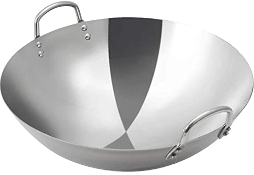 MNSSRN Wok a Gas in Acciaio Inossidabile, Wok Tradizionale a Mano con Martello, Wok a Fondo Piatto, Padella per Cucina Asiatica,50cm