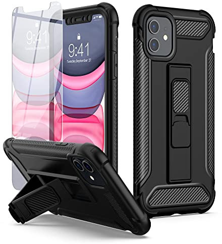 ORETECH for iPhone 11 Case, and [2 Pack Tempered Glass Screen Protector] [Built-in Kickstand] Military Grade Drop Tested Shockproof Case for iPhone 11 Case Full Body Silicone TPU Bumper Cover - Black