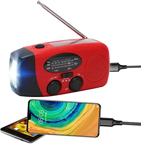 Radio à Manivelle D'urgence à Manivelle, Radio Météo Portable AM/FM à Manivelle Solaire 1000 MAh avec Lampe de Poche 3 W, Chargeur de Téléphone Portable, SOS et Boussole pour la Maison et L'extérieur