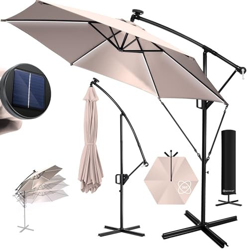 KESSER® Ombrellone in Alluminio Ø 300cm, LED solare, incl. Copertura, Telecomando, Manovella, Funzione 360°, Protezione UV, Idrorepellente, Ombrellone da Giardino, Taupe