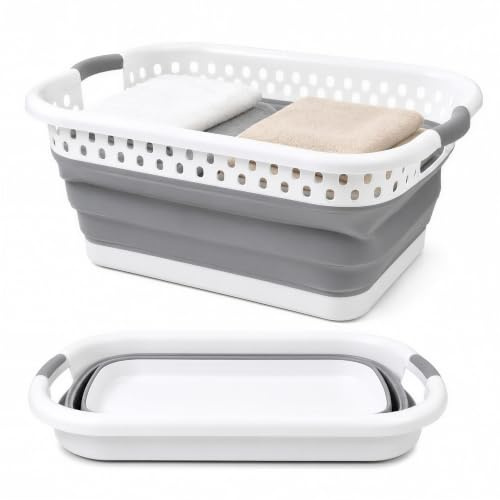 WedDecor Foldable Plastic Oval Laundry Basket 39L Clothes Bin (Grey) | Sturdy Foldable Washing Bin Basket for Clothes Storage, Laundry Room, Bedroom, Bathroom & Home Organisation