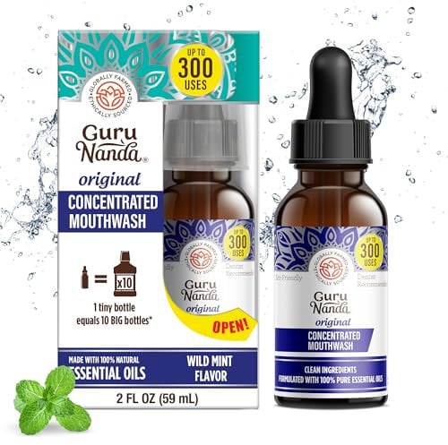 GuruNanda Concentrated Mouthwash (2 fl oz), Fluoride-Free, Mint Mouthwash with Natural Essential Oils, Supports 300 Rinses, Aids in Fresh Breath, 59 ml