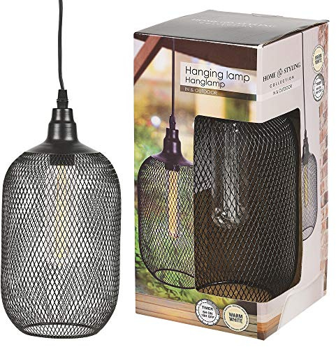 URBNLIVING 2 Pack Industrial Style Mesh Cage Hanging Pendant Lamp Warm White LED Indoor Outdoor Garden Battery Powered Light with Timer Function Hallway Patio Balcony Bedroom (Large 15x28cm)
