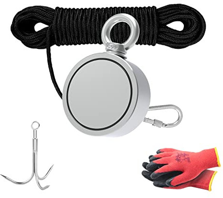 THCMAG Double Sided Magnet Fishing Kit with Grappling Hooks, Gloves, 860lbs combined strength Strong Retrieval Neodymium Magnets with 100FT Rope for River Magnetic Recovery Salvage Fishing.