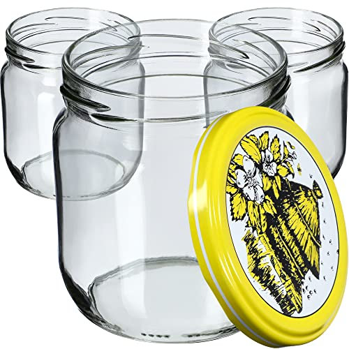 KADAX Jam Jars 425 ml, Preserving Jars with Airtight Lids for Homemade Marmalade, Jelly and Honey, Glass Jars for Storing Herbs (Honey, Set of 48)