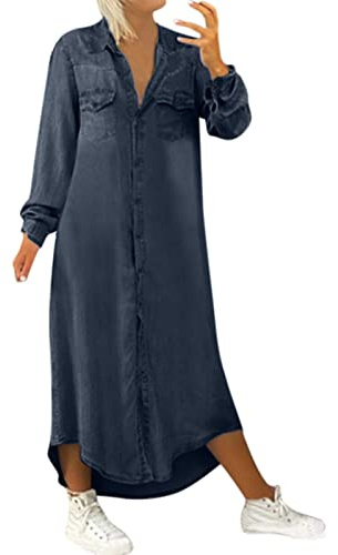 Robe en jean pour femme - Robe longue d'été à manches longues - Robe maxi en jean décontractée - Robe maxi en jean - Robe tunique - Robe chemise - Robe chemisier - Robe décontractée en denim