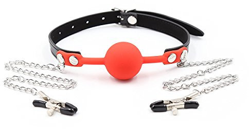 Canarea Mundknebel sm Sex Leder mit Nipple Klemmen Geschirr Rollespielen Kieselgel Ball Gag Körperfesseln SM Ballknebel Bettfesseln Bondage Fetisch Spielzeug Einstellbar (Rot-1)