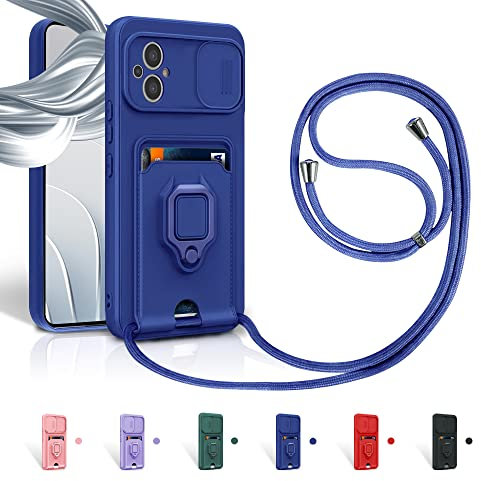Aithne Cordon de Coque pour Xiaomi Poco M5,Couvercle Coulissant de la Caméra+Support Annulaire à 360 Degrés,Fentes pour Cartes Lanyard Silicone Case -Bleu