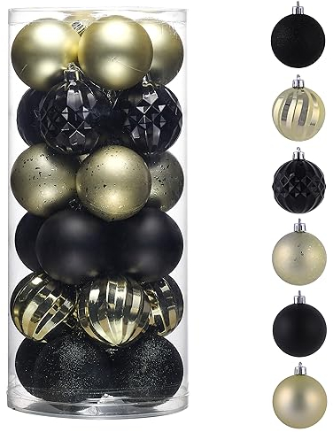 Valery Madelyn Weihnachtskugeln, 24pcs 6cm Christbaumkugeln Kunststoff Weihnachtskugel Weihnachtsdeko mit Aufhänger Geschenkpaket Weihnachtsbaumschmuck Schwarz Gold Thema