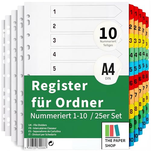 The Paper Shop Register für Ordner A4-10-teilig Nummeriert 1-10 (25 Pack) | Trennstreifen & Unterteiler für Ringordner | Nummerierte Trennblätter Großpack - 250 Stück