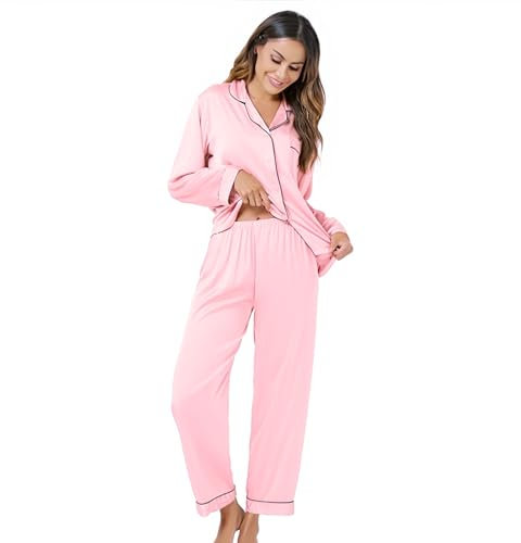 Xuepelit Pigiama Donna Seta Lungo Set con Bottoni a Maniche Lunghe Pigiami Due Pezzi con Revers Pigiama Invernale Pantalone Lunga Loungewear Camicia da Notte,Rosa, M